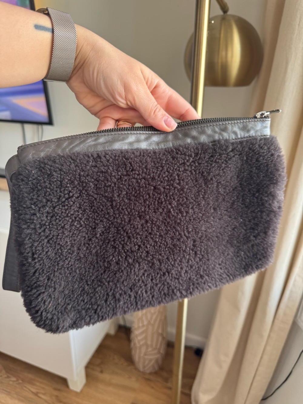 VIAVENETO Delilah Curly Lambskin Shearling Large Pouch / Wristlet - Black - Picture 2 of 8